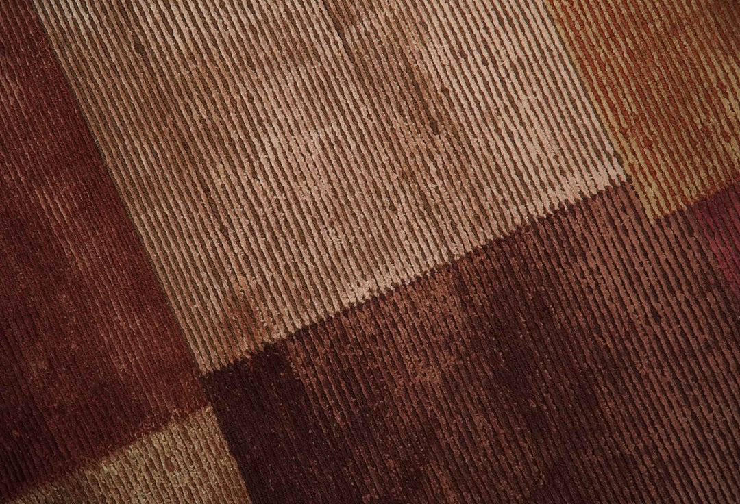 Modern Geometrical Square Shades of Brown Hand Knotted Stripes texture 4.6x6.6 wool and art silk Area rug - The Rug Decor