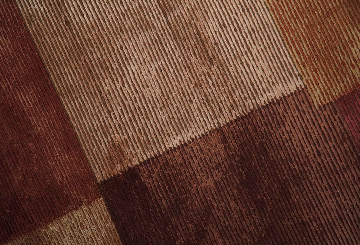 Modern Geometrical Square Shades of Brown Hand Knotted Stripes texture 4.6x6.6 wool and art silk Area rug - The Rug Decor