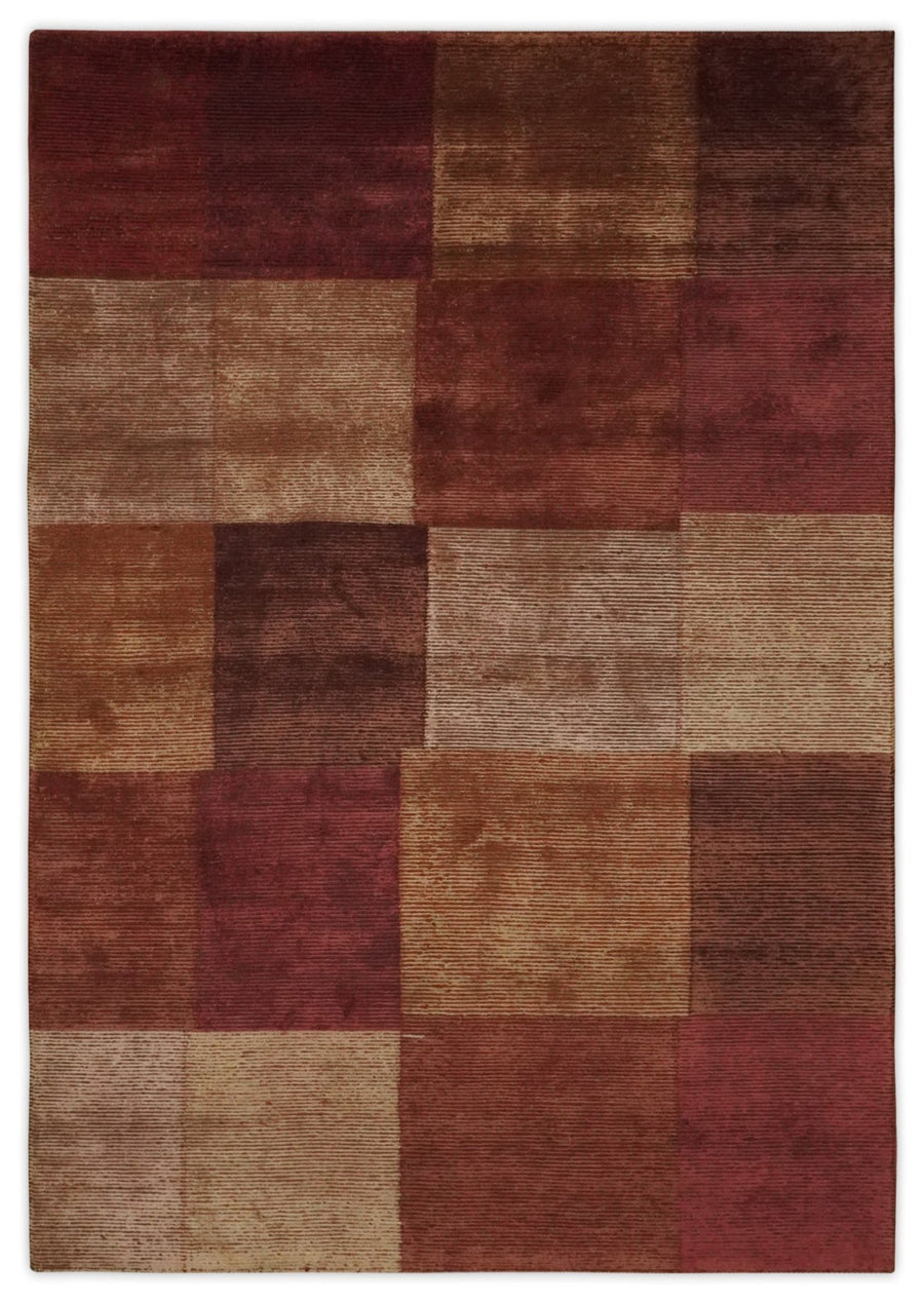Modern Geometrical Square Shades of Brown Hand Knotted Stripes texture 4.6x6.6 wool and art silk Area rug - The Rug Decor