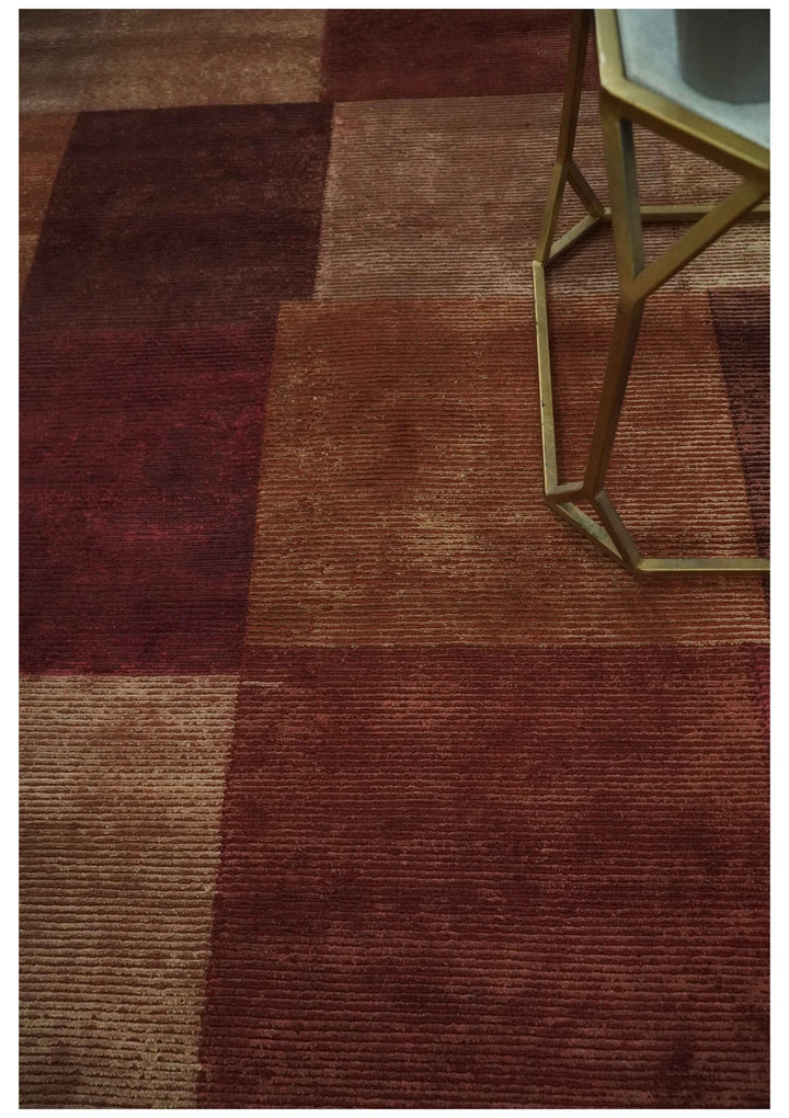 Modern Geometrical Square Shades of Brown Hand Knotted Stripes texture 4.6x6.6 wool and art silk Area rug - The Rug Decor