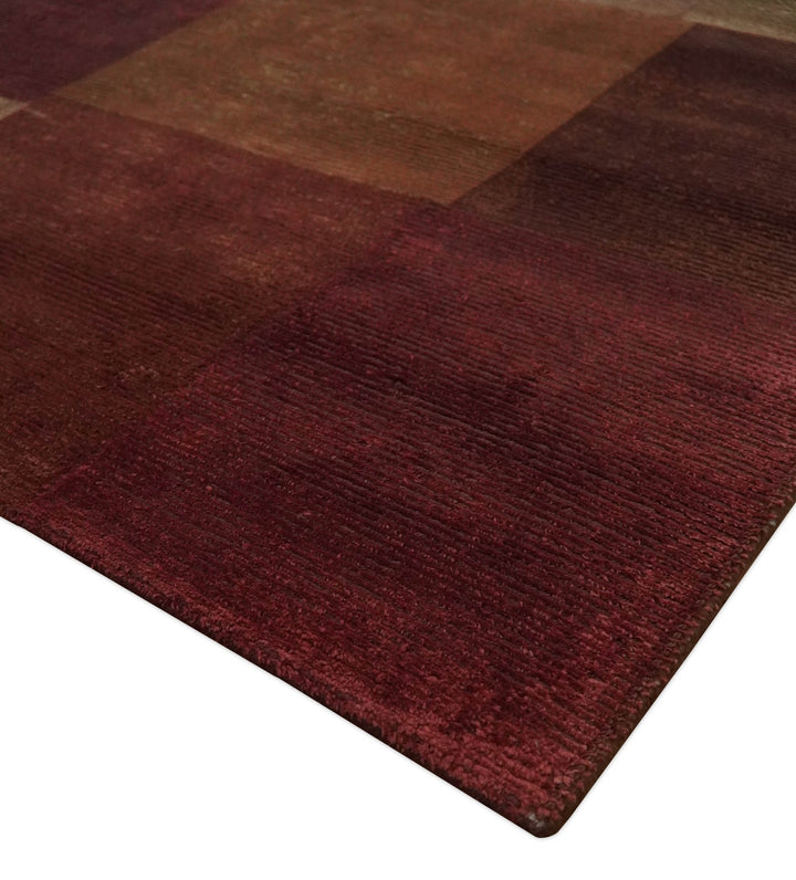 Modern Geometrical Square Shades of Brown Hand Knotted Stripes texture 4.6x6.6 wool and art silk Area rug - The Rug Decor