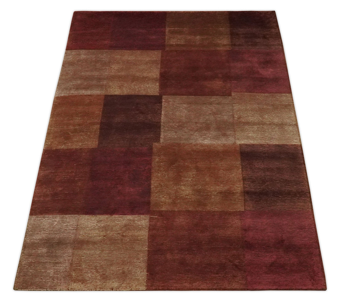 Modern Geometrical Square Shades of Brown Hand Knotted Stripes texture 4.6x6.6 wool and art silk Area rug - The Rug Decor