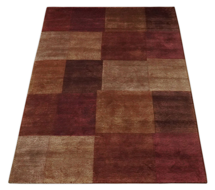 Modern Geometrical Square Shades of Brown Hand Knotted Stripes texture 4.6x6.6 wool and art silk Area rug - The Rug Decor