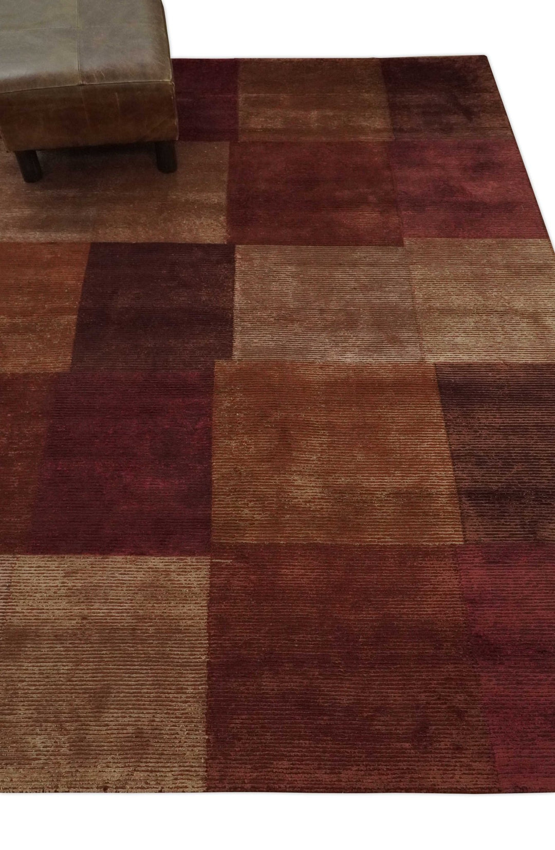 Modern Geometrical Square Shades of Brown Hand Knotted Stripes texture 4.6x6.6 wool and art silk Area rug - The Rug Decor