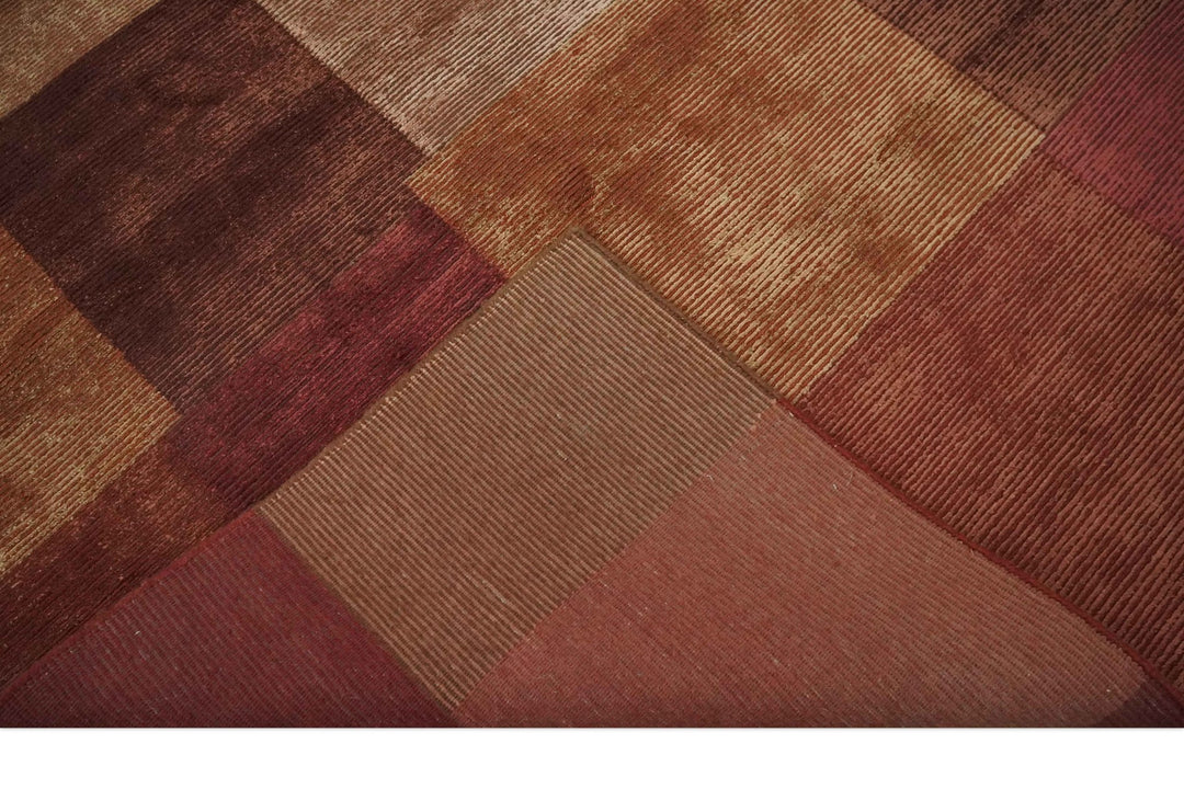 Modern Geometrical Square Shades of Brown Hand Knotted Stripes texture 4.6x6.6 wool and art silk Area rug - The Rug Decor