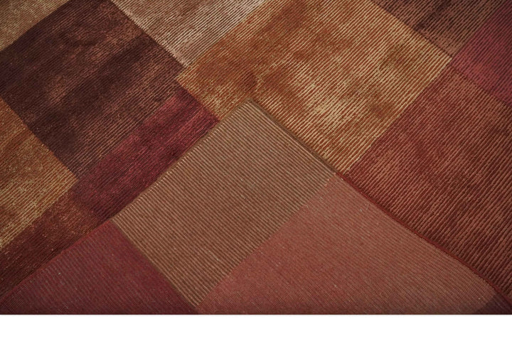 Modern Geometrical Square Shades of Brown Hand Knotted Stripes texture 4.6x6.6 wool and art silk Area rug - The Rug Decor