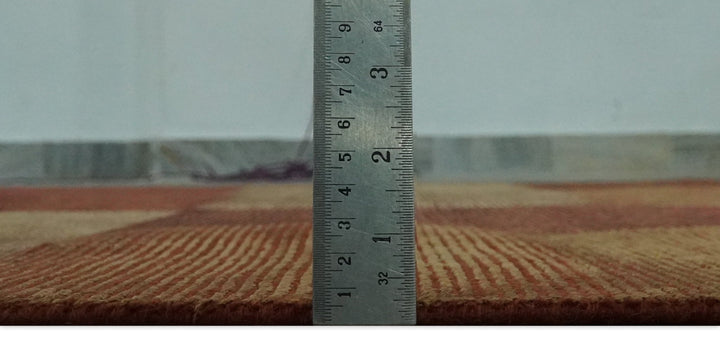 Modern Geometrical Square Shades of Brown Hand Knotted Stripes texture 4.6x6.6 wool and art silk Area rug - The Rug Decor