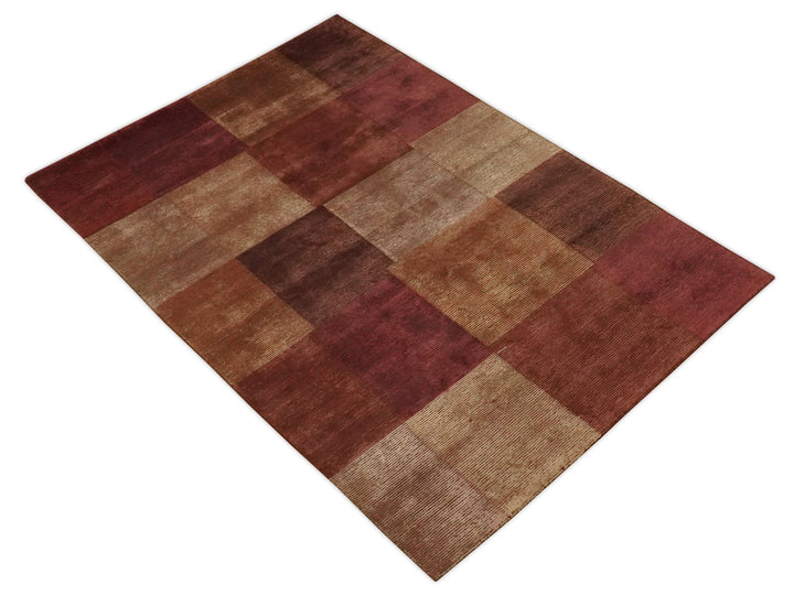 Modern Geometrical Square Shades of Brown Hand Knotted Stripes texture 4.6x6.6 wool and art silk Area rug - The Rug Decor