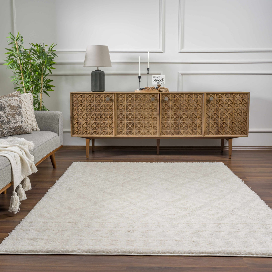 Modern Geometrical Texture Ivory Plush Pile Moroccan Style Area Rug - The Rug Decor