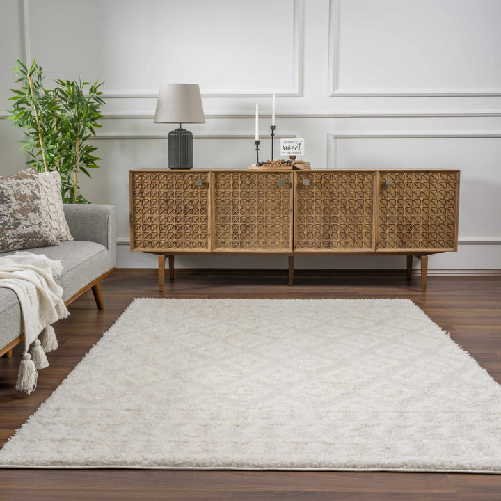 Modern Geometrical Texture Ivory Plush Pile Moroccan Style Area Rug - The Rug Decor