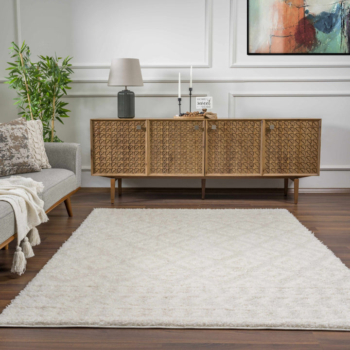 Modern Geometrical Texture Ivory Plush Pile Moroccan Style Area Rug - The Rug Decor