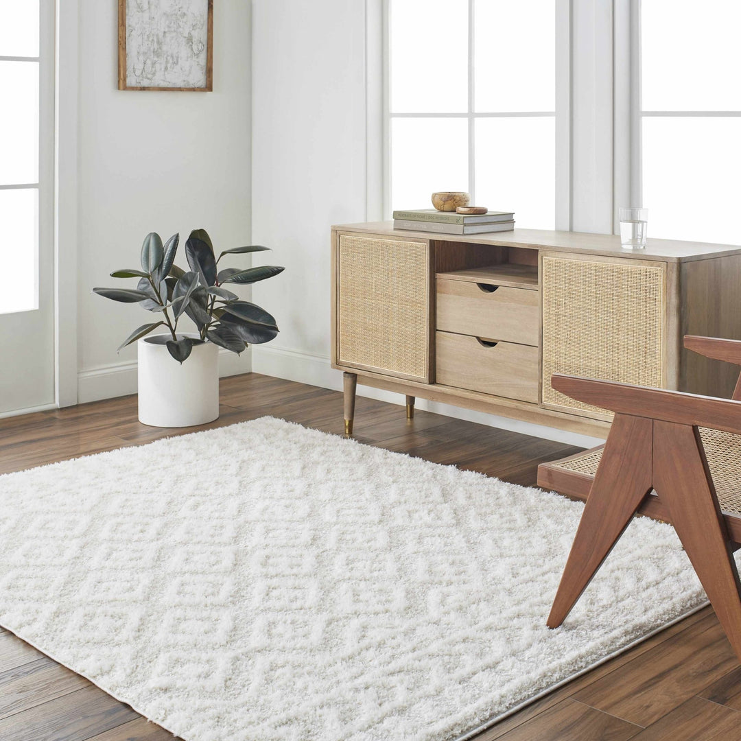 Modern Geometrical Texture Ivory Plush Pile Moroccan Style Area Rug - The Rug Decor