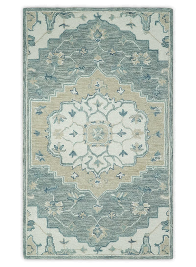 Modern Hand Tufted Ivory, Camel and Blue Antique Persian Wool Area Rug | TRDMA163 - The Rug Decor