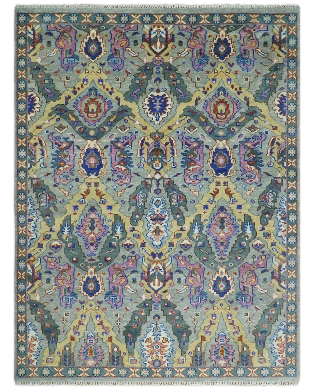 Modern Persian Rug Hand knotted 8x10, 9x12, 10x14 and 12x15 All Wool Green, Pink and Gold Traditional Antique Oushak Area Rug | TRDCP872 - The Rug Decor