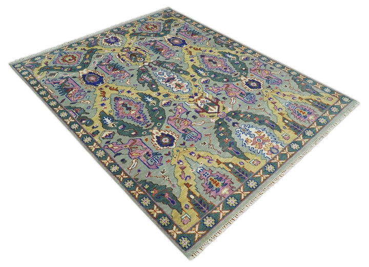 Modern Persian Rug Hand knotted 8x10, 9x12, 10x14 and 12x15 All Wool Green, Pink and Gold Traditional Antique Oushak Area Rug | TRDCP872810 - The Rug Decor