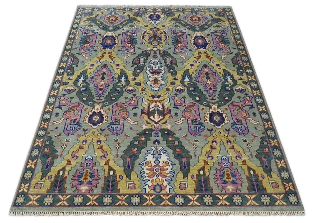 Modern Persian Rug Hand knotted 8x10, 9x12, 10x14 and 12x15 All Wool Green, Pink and Gold Traditional Antique Oushak Area Rug | TRDCP872810 - The Rug Decor