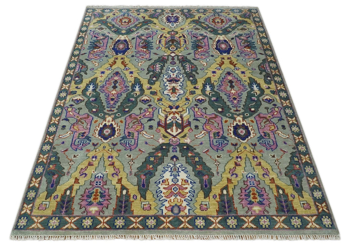 Modern Persian Rug Hand knotted 8x10, 9x12, 10x14 and 12x15 All Wool Green, Pink and Gold Traditional Antique Oushak Area Rug | TRDCP872810 - The Rug Decor
