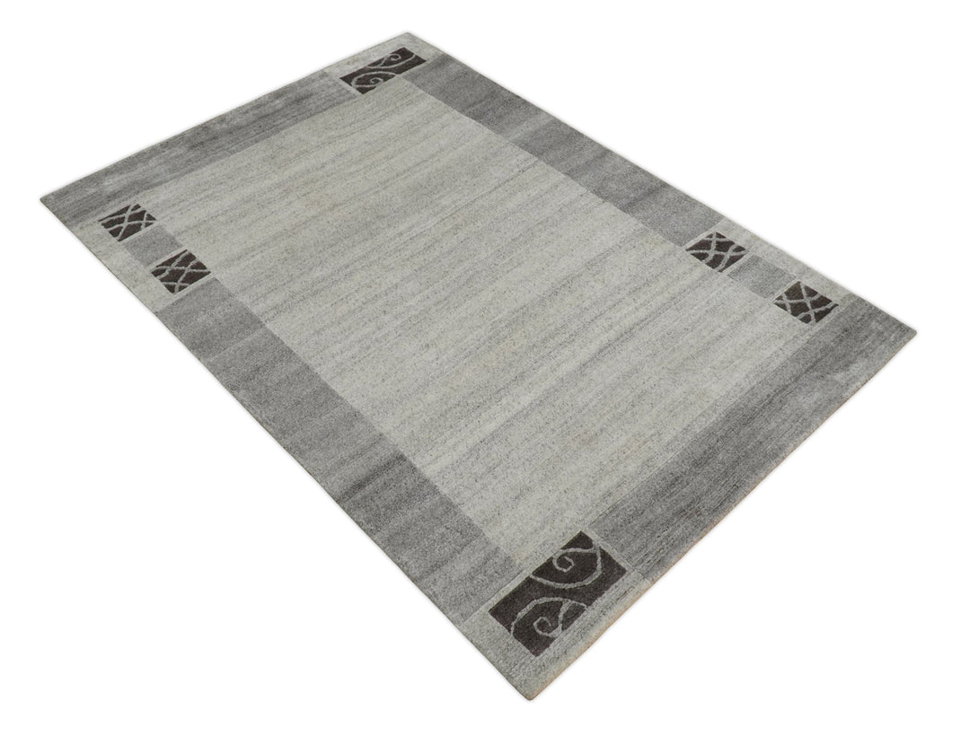 Modern Scandinavian 4.7x6.5 Brown and Silver Wool Hand Woven Area Rug | HL47 - The Rug Decor