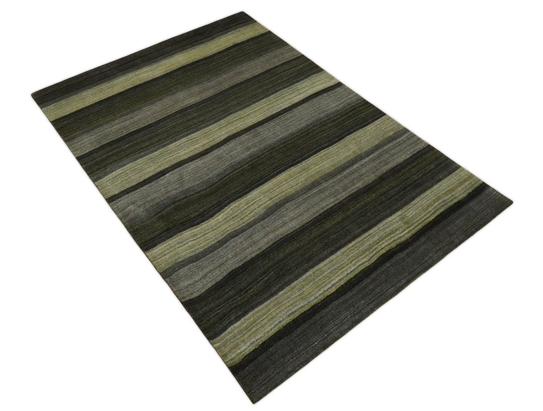 Modern Scandinavian Stripes 5x7 Antique Moss Green and Gray Wool Hand Woven Area Rug | HL20 - The Rug Decor