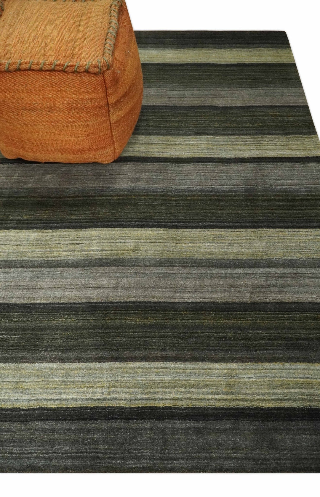 Modern Scandinavian Stripes 5x7 Antique Moss Green and Gray Wool Hand Woven Area Rug | HL20 - The Rug Decor