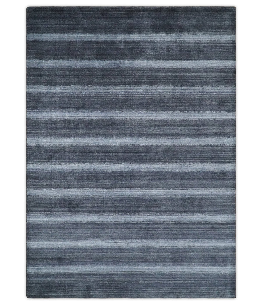Modern Scandinavian Stripes 5x7 Blue and Silver Wool Hand Woven Area Rug | HL26 - The Rug Decor