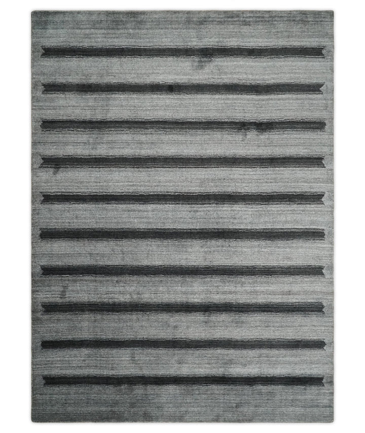 Modern Scandinavian Stripes Style 5x7 Silver and Gray Wool Hand Woven Area Rug | HL11 - The Rug Decor
