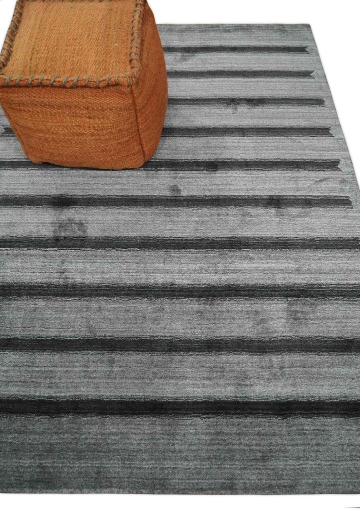 Modern Scandinavian Stripes Style 5x7 Silver and Gray Wool Hand Woven Area Rug | HL11 - The Rug Decor