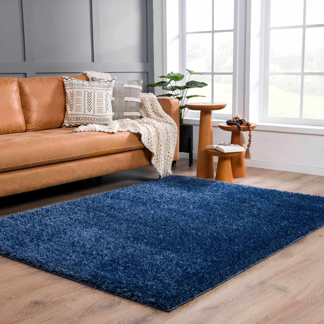 Modern Solid Blue Plush Pile Moroccan Style Washable Area Rug - The Rug Decor