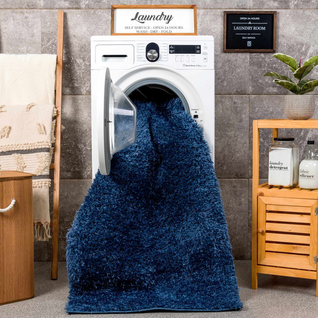 Modern Solid Blue Plush Pile Moroccan Style Washable Area Rug - The Rug Decor