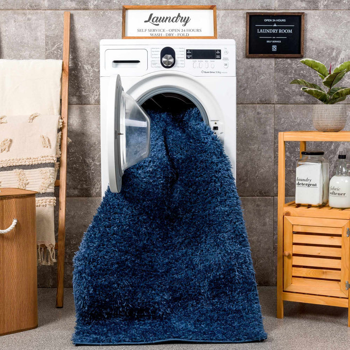 Modern Solid Blue Plush Pile Moroccan Style Washable Area Rug - The Rug Decor
