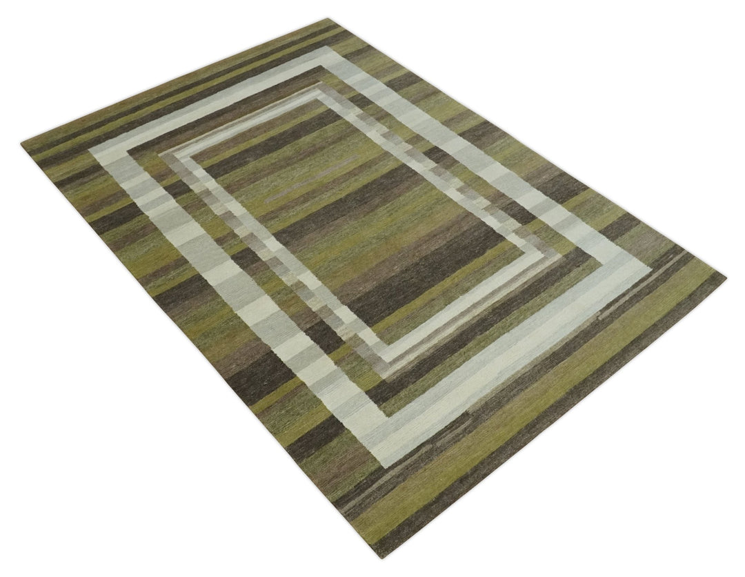 Modern Stripes Design Olive, Charcoal, Ivory and Gray Hand loom 5x7 wool Area Rug - The Rug Decor