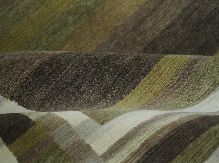 Modern Stripes Design Olive, Charcoal, Ivory and Gray Hand loom 5x7 wool Area Rug - The Rug Decor
