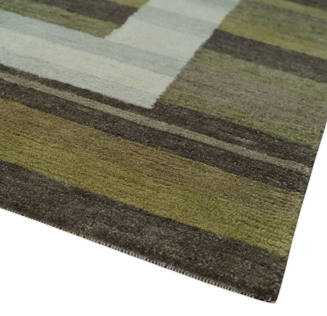Modern Stripes Design Olive, Charcoal, Ivory and Gray Hand loom 5x7 wool Area Rug - The Rug Decor