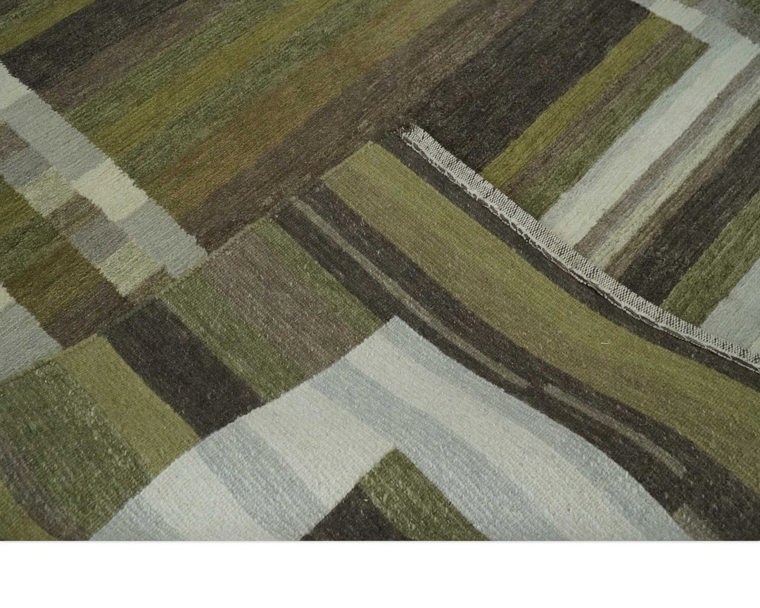 Modern Stripes Design Olive, Charcoal, Ivory and Gray Hand loom 5x7 wool Area Rug - The Rug Decor