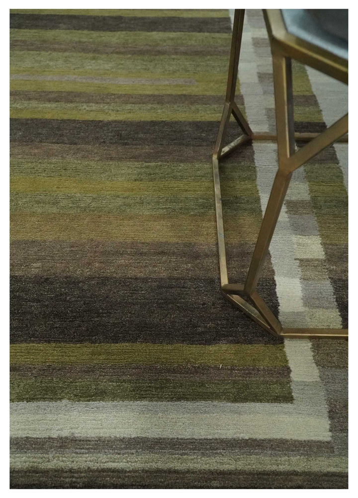 Modern Stripes Design Olive, Charcoal, Ivory and Gray Hand loom 5x7 wool Area Rug - The Rug Decor