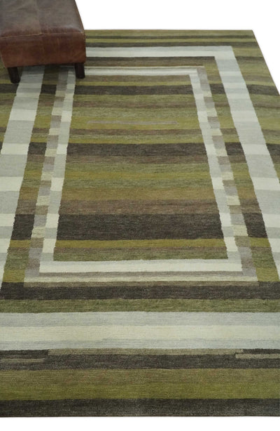 Modern Stripes Design Olive, Charcoal, Ivory and Gray Hand loom 5x7 wool Area Rug - The Rug Decor