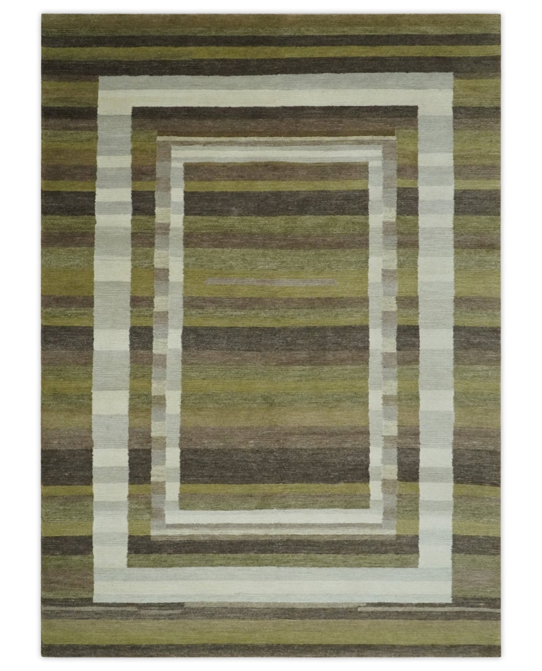 Modern Stripes Design Olive, Charcoal, Ivory and Gray Hand loom 5x7 wool Area Rug - The Rug Decor