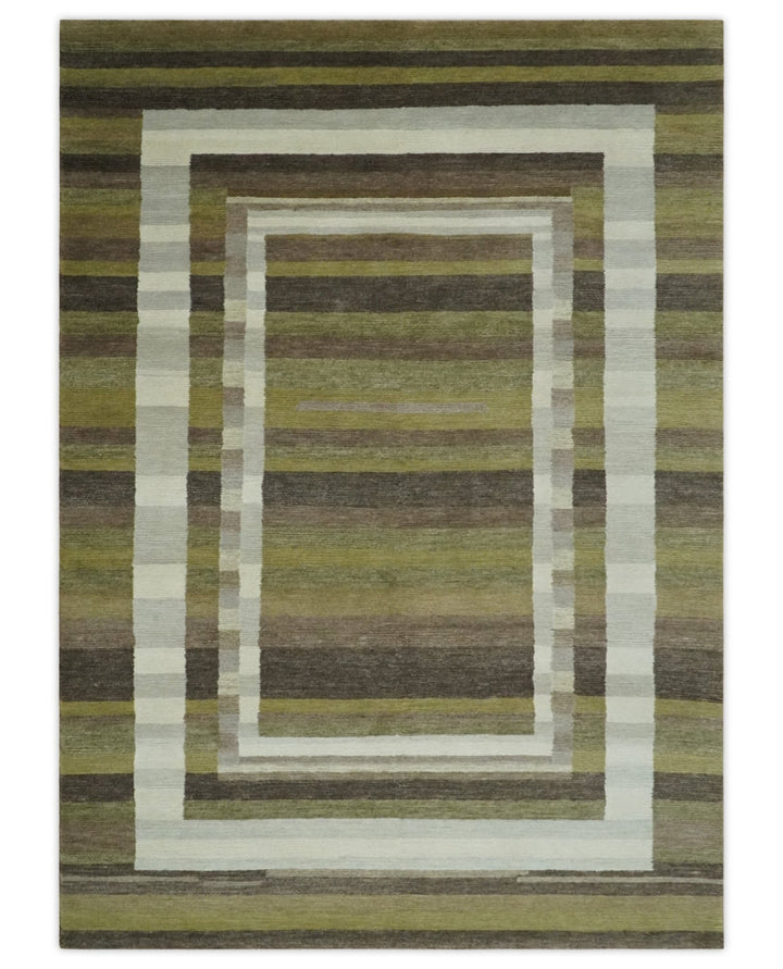 Modern Stripes Design Olive, Charcoal, Ivory and Gray Hand loom 5x7 wool Area Rug - The Rug Decor