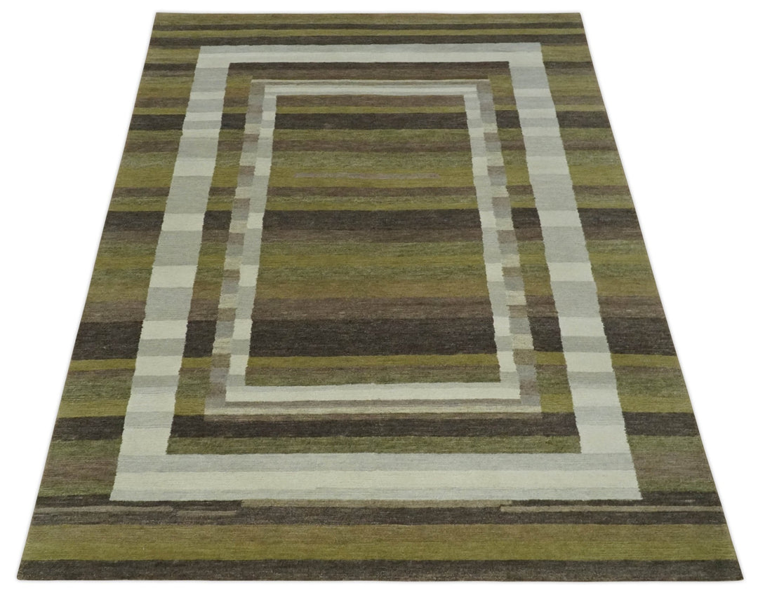 Modern Stripes Design Olive, Charcoal, Ivory and Gray Hand loom 5x7 wool Area Rug - The Rug Decor