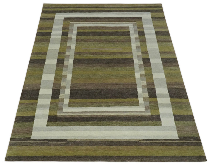 Modern Stripes Design Olive, Charcoal, Ivory and Gray Hand loom 5x7 wool Area Rug - The Rug Decor