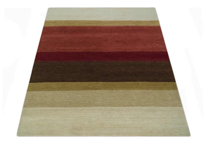 Modern Stripes Ivory, Rust, Maroon and Brown Hand loom 5.6x6.6 Wool Area Rug - The Rug Decor