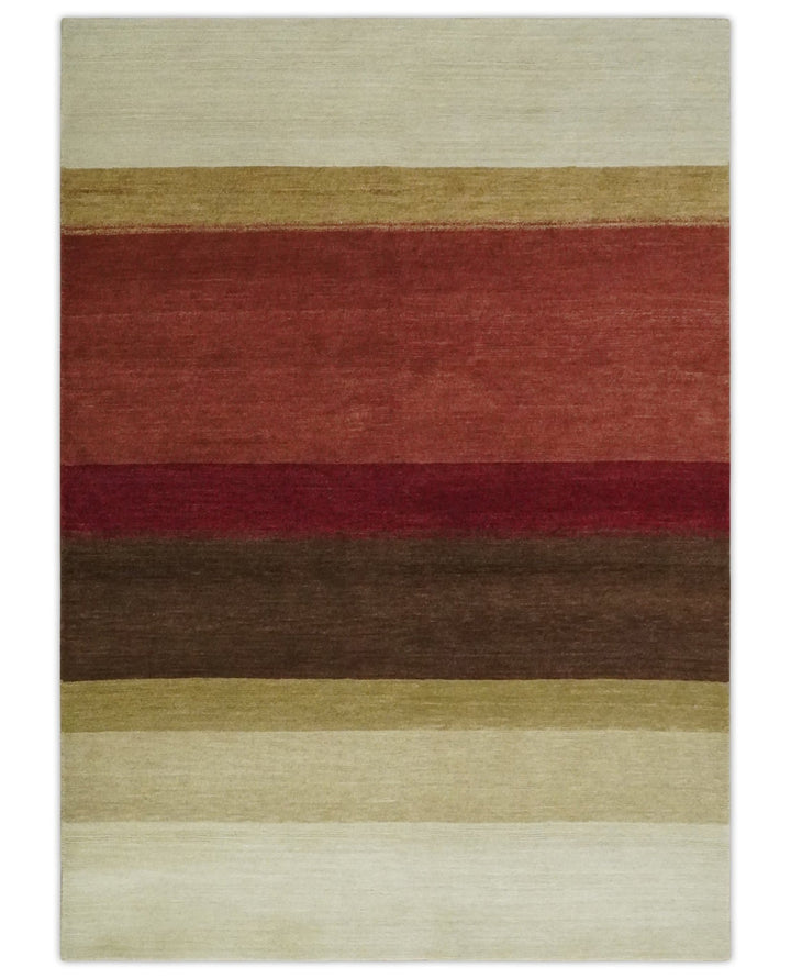 Modern Stripes Ivory, Rust, Maroon and Brown Hand loom 5.6x6.6 Wool Area Rug - The Rug Decor