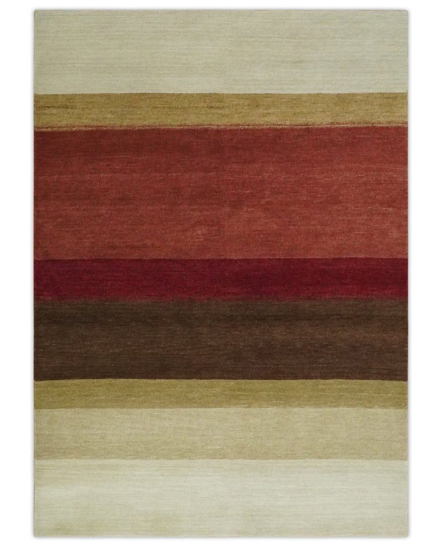 Modern Stripes Ivory, Rust, Maroon and Brown Hand loom 5.6x6.6 Wool Area Rug - The Rug Decor