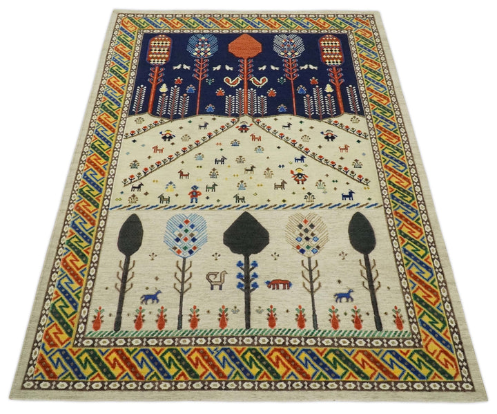 Moral Art Beige and Blue Hand Spun Wool Hand Woven Southwestern Gabbeh Rug | KNT44 - The Rug Decor