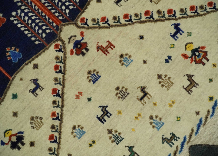Moral Art Beige and Blue Hand Spun Wool Hand Woven Southwestern Gabbeh Rug | KNT44 - The Rug Decor