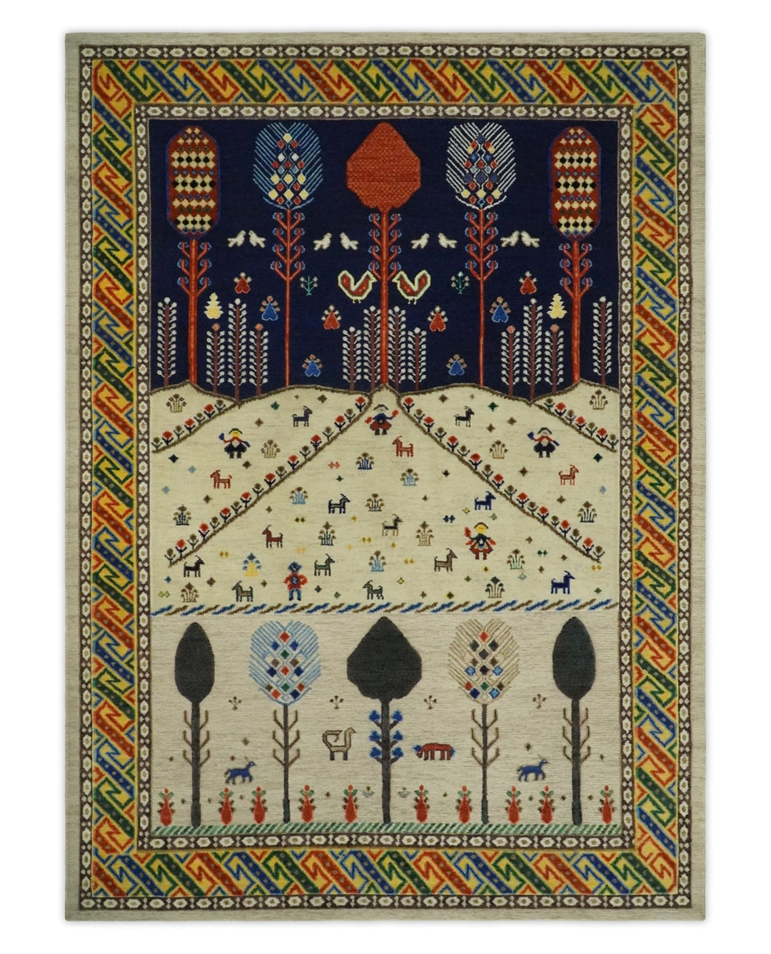 Moral Art Beige and Blue Hand Spun Wool Hand Woven Southwestern Gabbeh Rug | KNT44 - The Rug Decor