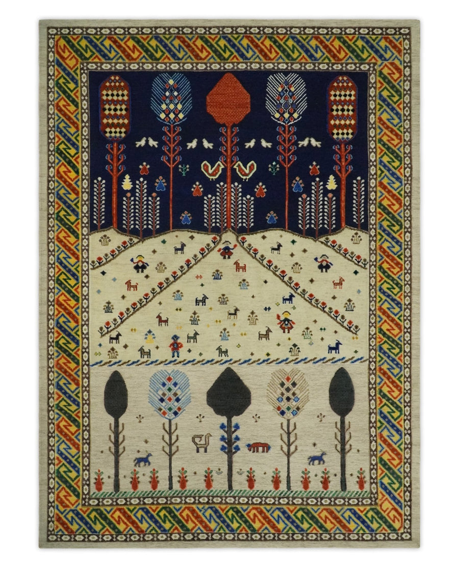 Moral Art Beige and Blue Hand Spun Wool Hand Woven Southwestern Gabbeh Rug | KNT44 - The Rug Decor
