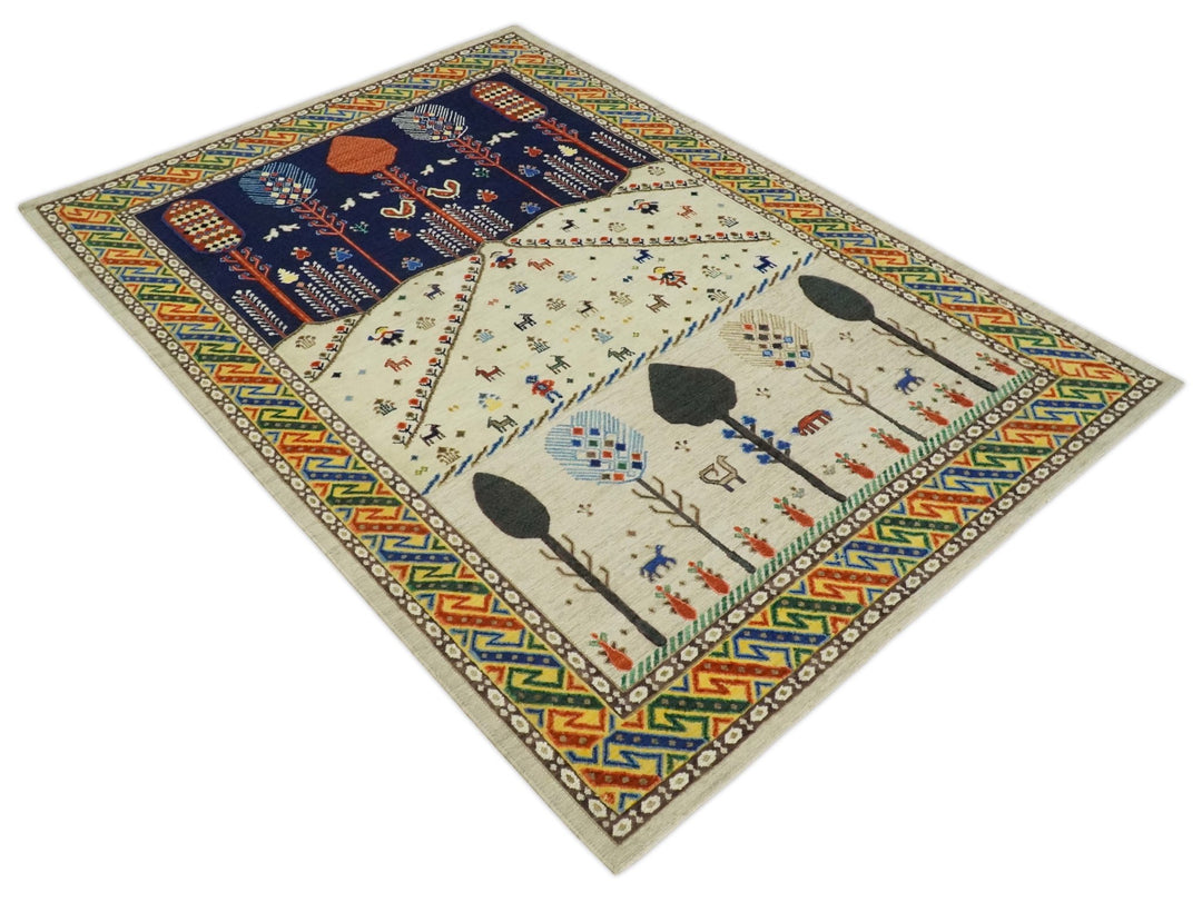 Moral Art Beige and Blue Hand Spun Wool Hand Woven Southwestern Gabbeh Rug | KNT44 - The Rug Decor