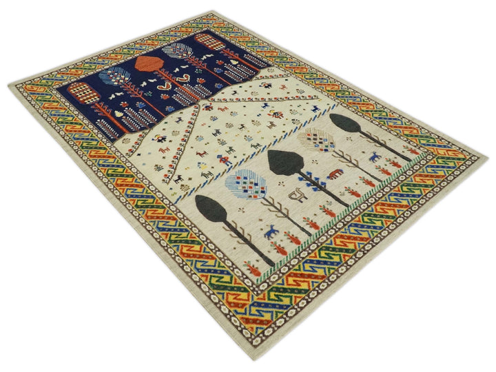 Moral Art Beige and Blue Hand Spun Wool Hand Woven Southwestern Gabbeh Rug | KNT44 - The Rug Decor