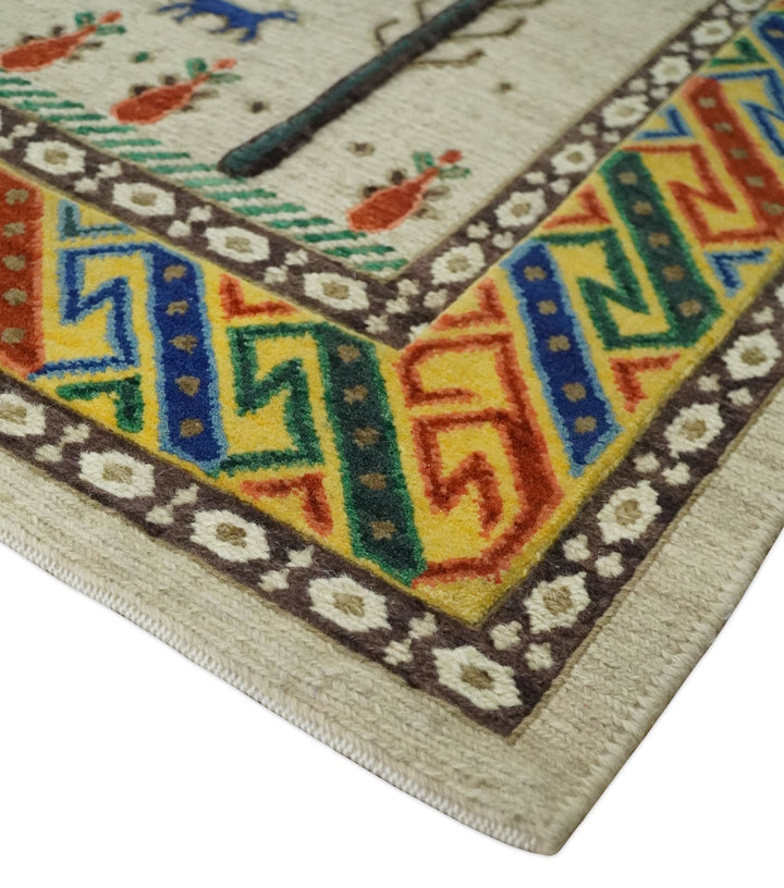 Moral Art Beige and Blue Hand Spun Wool Hand Woven Southwestern Gabbeh Rug | KNT44 - The Rug Decor